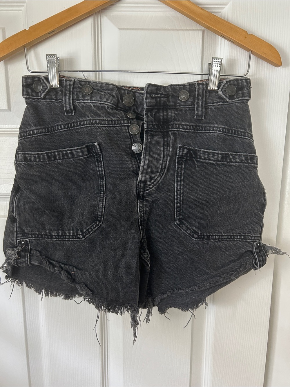 Free People Black High-Rise Button-Fly Denim Cutoff Shorts